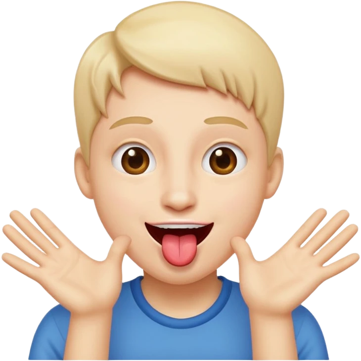 pessoa fazendo careta, com sorriso divertido, língua pra fora e mãos abertas próximas ao rosto emoji