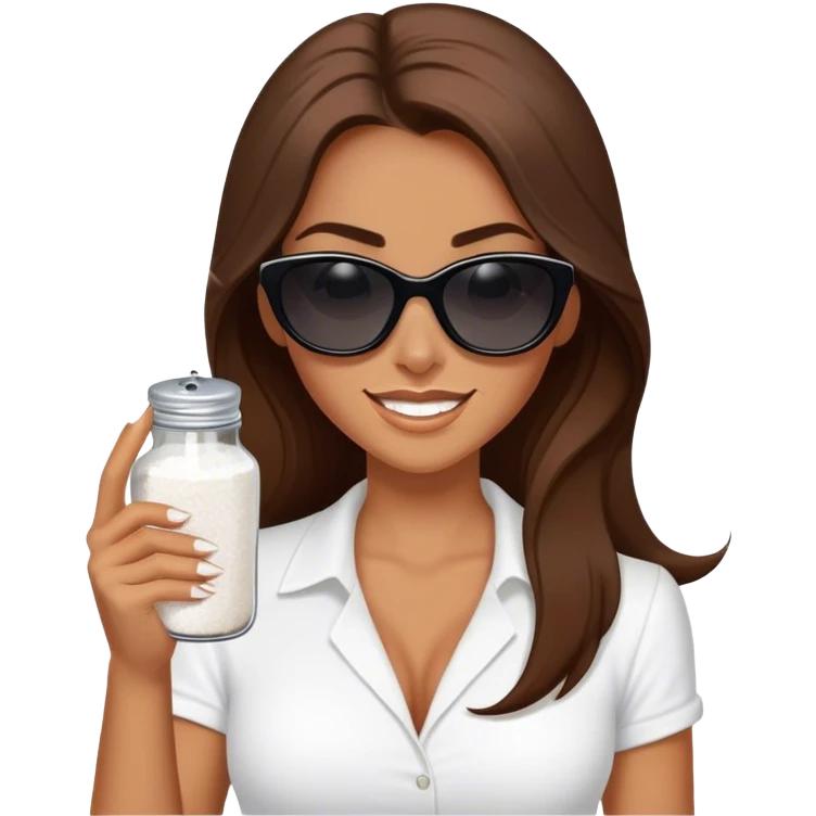 sassy woman with long brown hair, tan skin, and dark sunglasses holding a salt shaker filled with white table salt. She is sprinkling the salt out from the shaker. She is smirking.  emoji