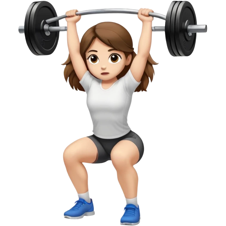 A girl with light skin, big eyes, long brown hair and wearing a white shirt is doing an overhead squat with a lot of weight on the barbell emoji