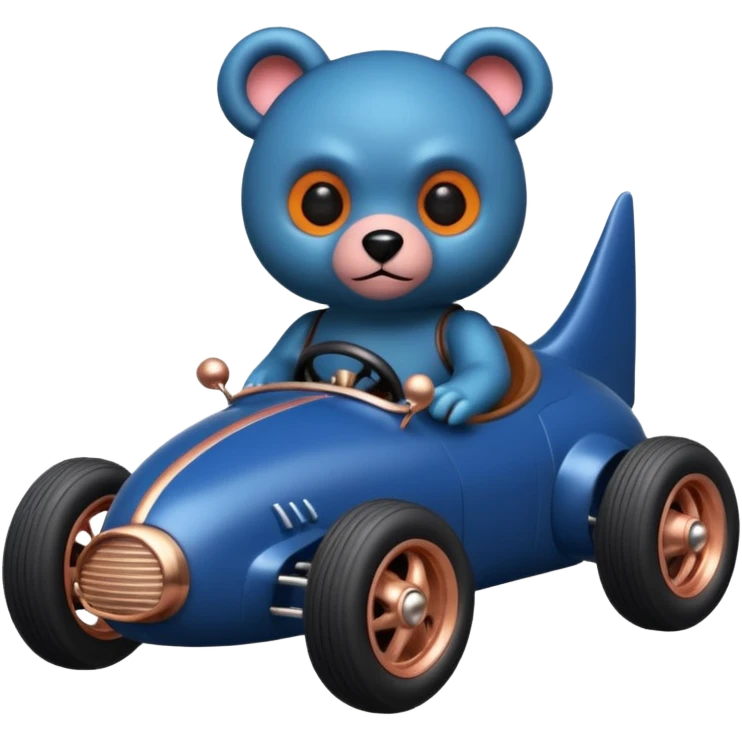 dark blue and rosegold-accented  retro racing car driven by furry-faced small evil alien scary teddy bear with rear spoiler and wheely bar emoji
