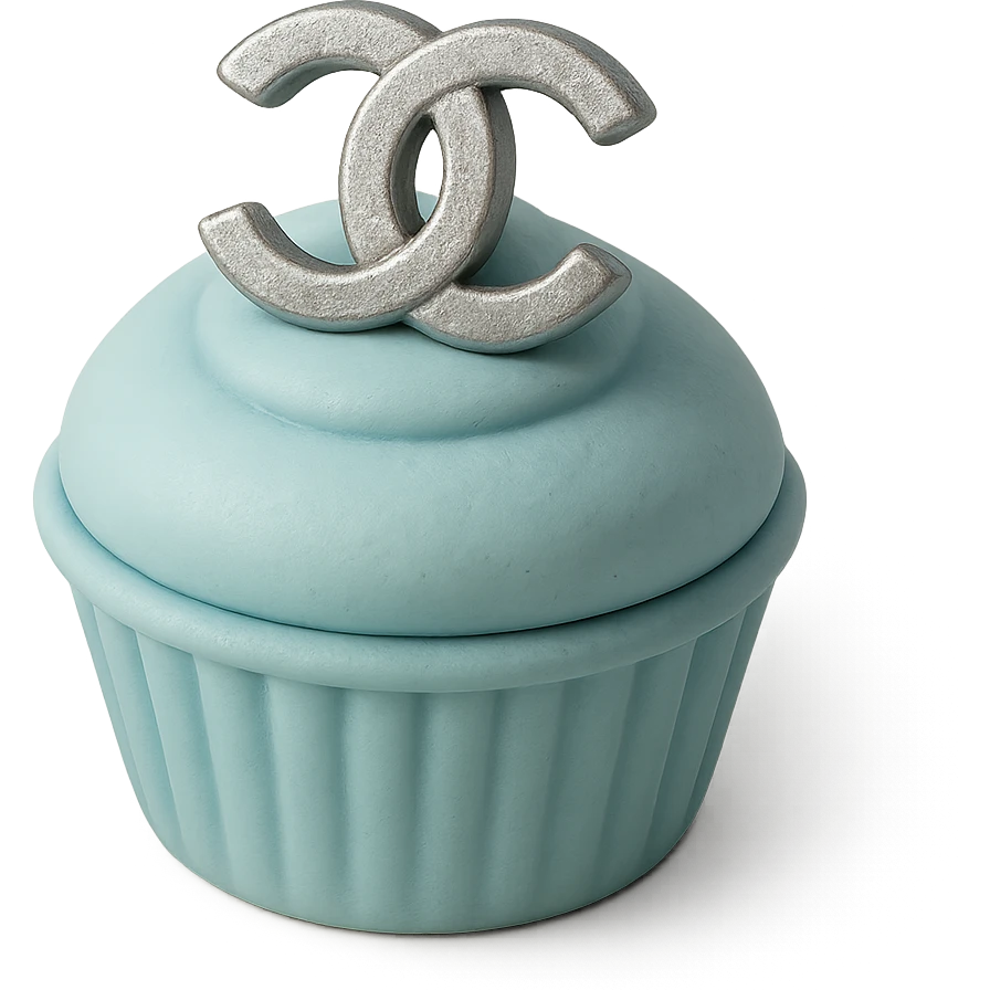 pastel blue Chanel cupcake with a silver logo emoji