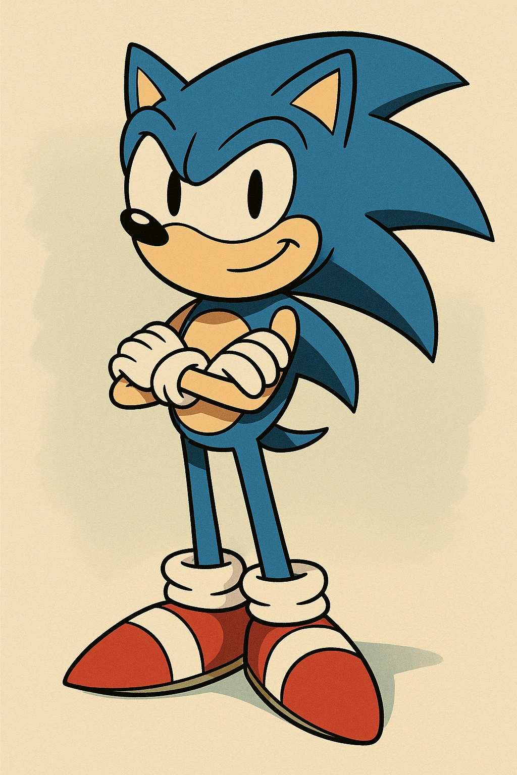 Sonic the Hedgehog, standing with arms crossed, confident, blue spikes, red shoes, modern animation style, vibrant colors emoji