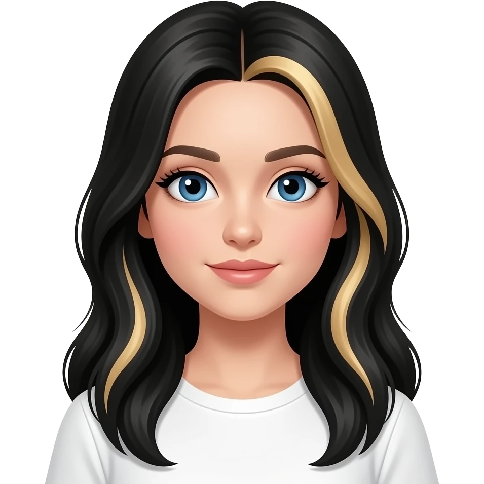 make a girl emoji with long black hair and blonde highlights and blue eyes with lashes and wearing a white top emoji