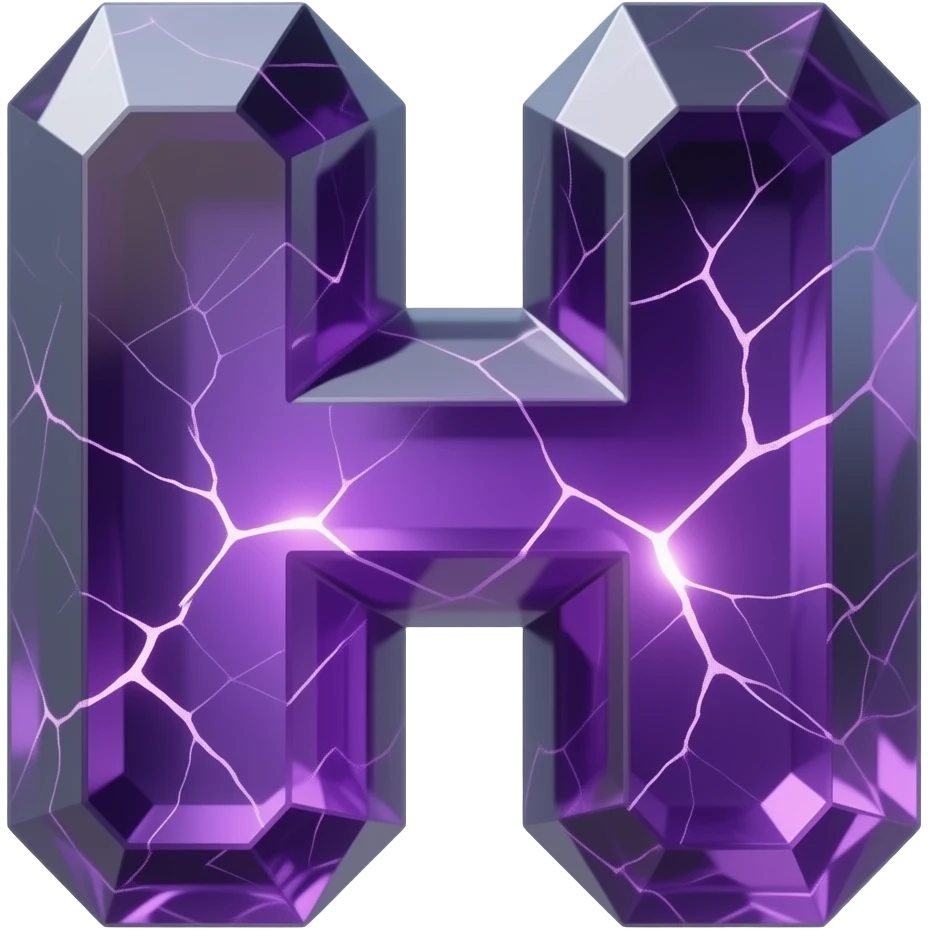 A hyper-realistic 3D letter 'H' carved from translucent purple amethyst, filled with glowing internal fractures. Volumetric lighting, cinematic glow, dark background, 8k resolution, emoji