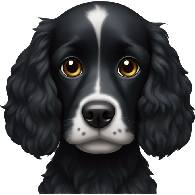 Small completely black spaniel with black fur on his whole face and white fur only on his chest emoji