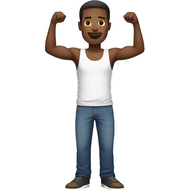 a black man wearing a white tank top standing straight with his arms raised straight up emoji
