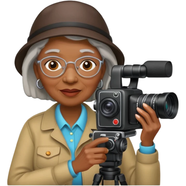 woman cameraman hold a camera, elderly black skin emoji