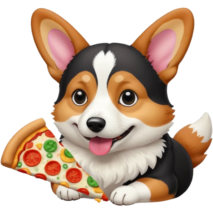 black tri-color corgi eating pizza emoji
