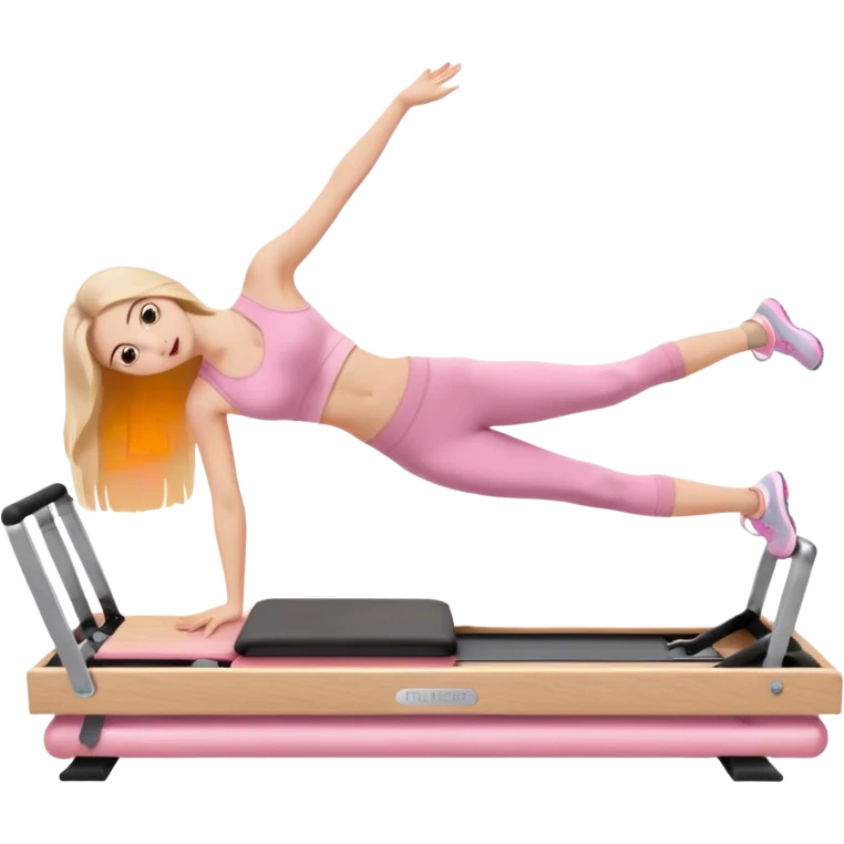 pretty white brunette teen long hair with hazel eyes and a small waist in light pink workout clothes in a plank on a pilates reformer emoji
