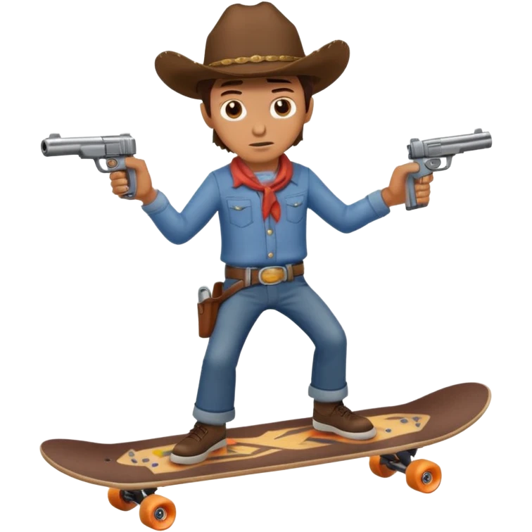 A very dangerous looking cowboy holding a gun and riding a skateboard  emoji