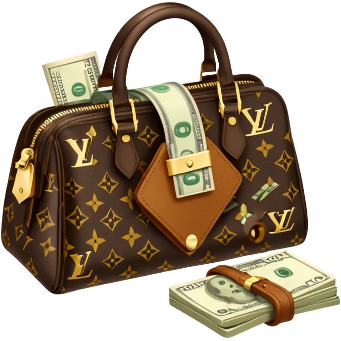 Louis Vuitton purse with dolars in the bag emoji