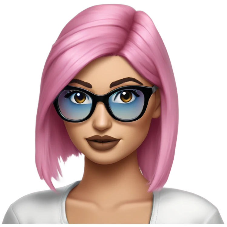 Photo Realistic kylie jenner stylish pink hair BLUE eyes and glasses posing  emoji