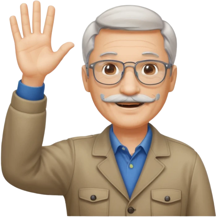 60 yr man with partially gray hair, mustache, light glasses, waving hello emoji