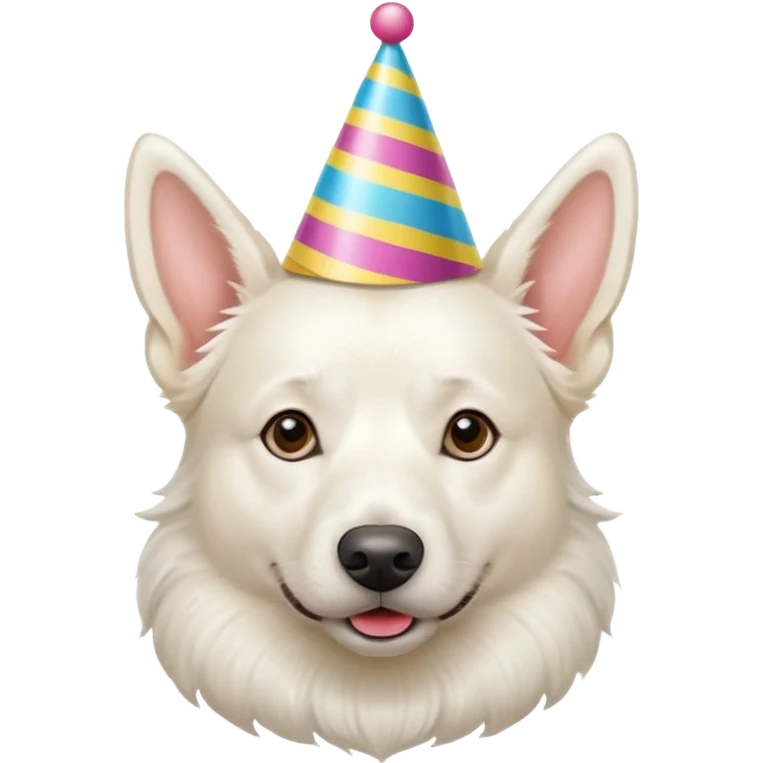 A White belgian dog wearing a party hat.   emoji