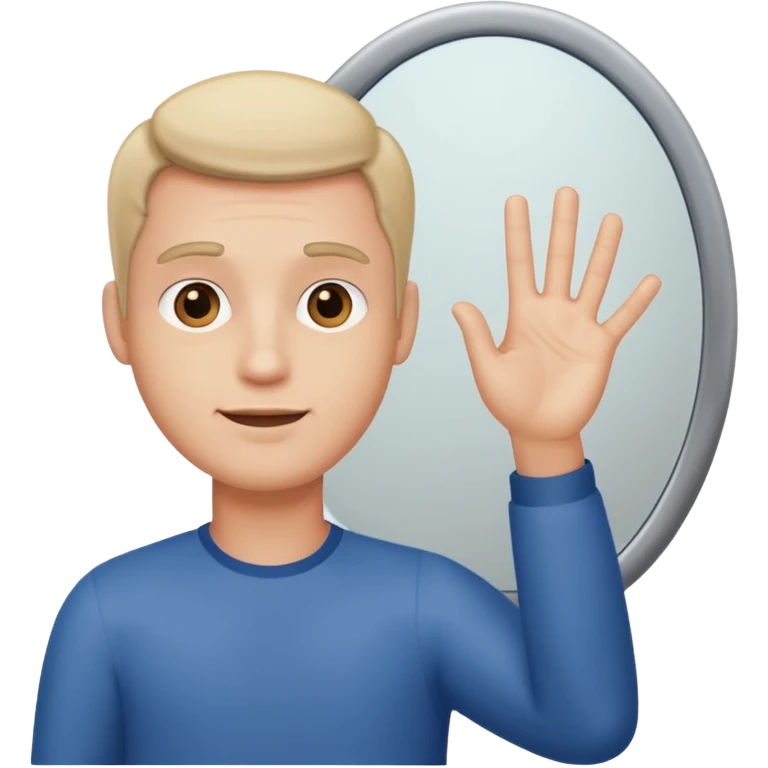 An man looking into a mirror holding his hand up emoji