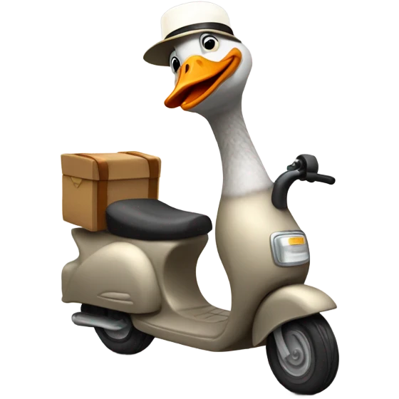 Goose riding a scooter with a funny hat on its head emoji