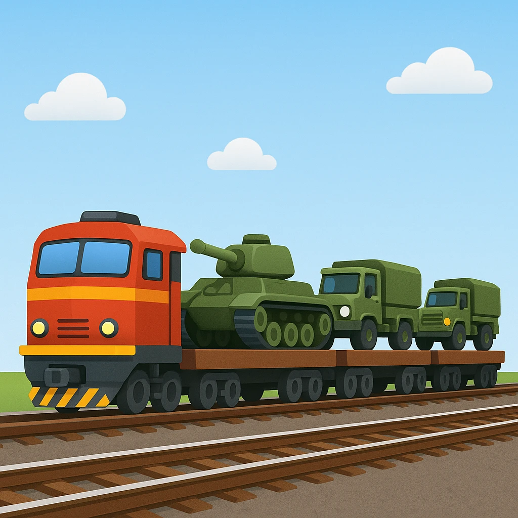 Create a realistic ordinary cargo train transporting military equipment such as tanks and trucks in a classic emoji style. This is variant 3 of the design. emoji