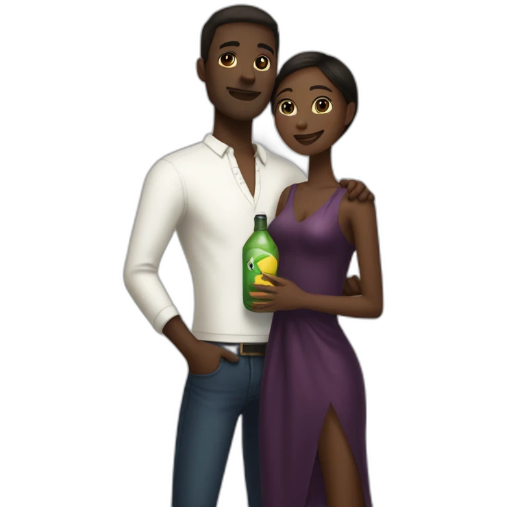 Tall fair skin man with bottle, hugging short darkskin woman in designer clothes emoji