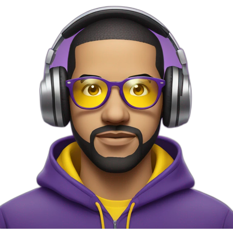 drake in purple hoodie and shiny yellow rectangular glasses wearing purple headphones emoji