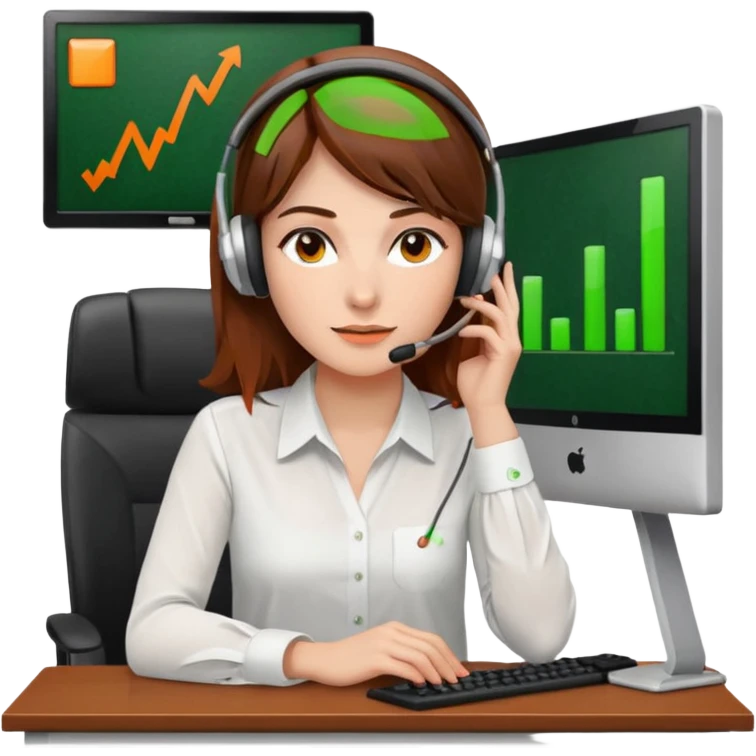 a woman, brown hair, middle european, sitting in the office in front of a computer, wearing a blouse and a headset. she is controling the limits on screen. green = ok, orange = am Limit, rot = überschritten emoji
