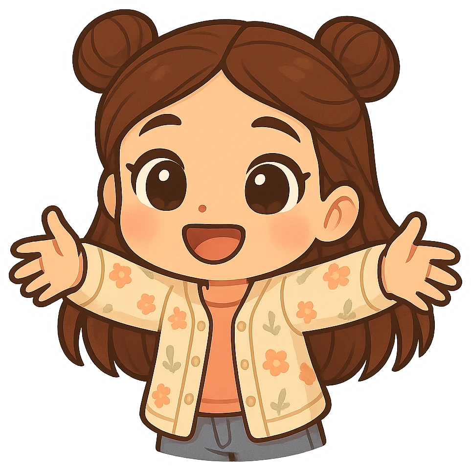 Create a chibi sticker of the girl from the reference image, reaching out with both arms happily as if to give a hug. She has brown straight hair styled in double buns, brown eyes, wearing a pastel floral cardigan and jeans. The sticker should have a white outline and a transparent background, sized 512x512px. emoji