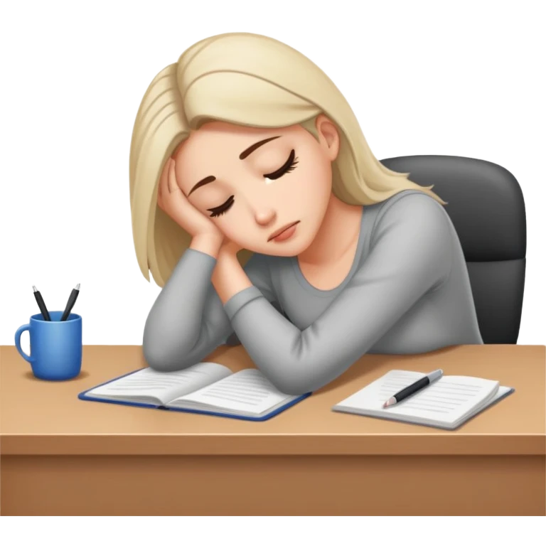 Tired woman leaning head on one hand, elbow on desk emoji