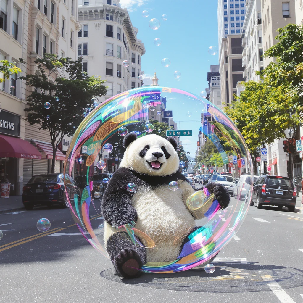 Cinematic still pandas bears sitting inside bubbles flying around San Francisco downtown, sunny summer day, happy vibe, colorfull surround emoji