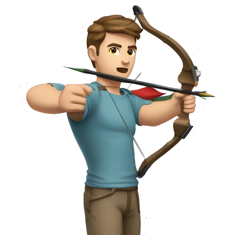 a male archer aiming with a bow looking at his target, wearing a tshirt, brown hair, bright skin, emoji