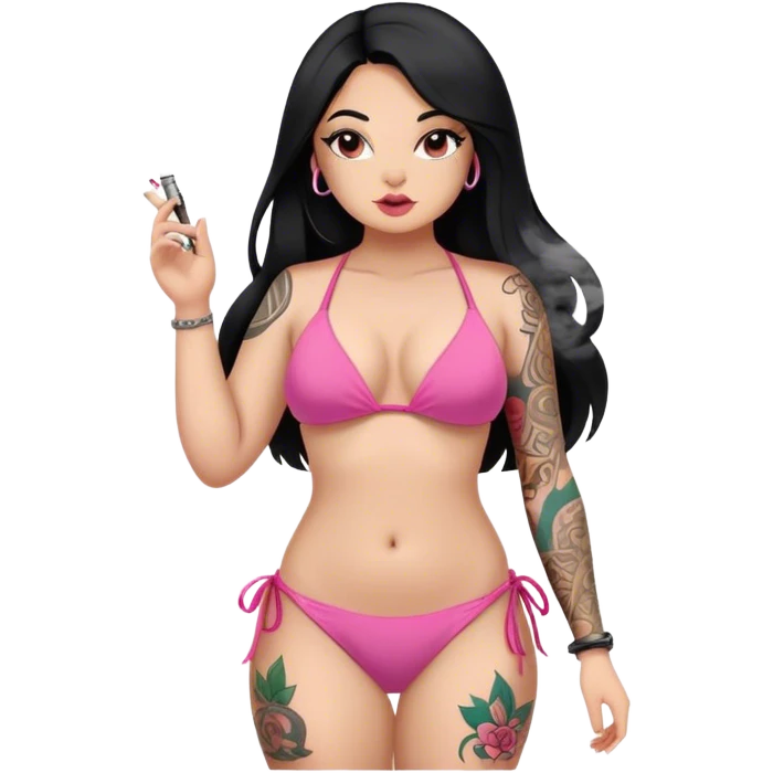 caucasian curvy body girl, with tattoos, in pink bikini, make smoke, with a long straight black hair  emoji