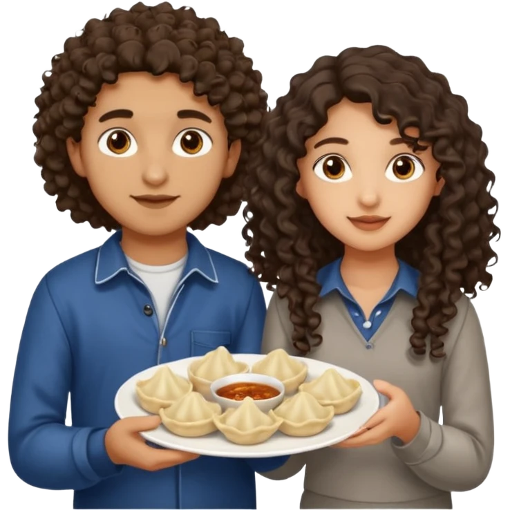 Can you create an emoji of three 23 year olds eating dumplings. One boy with wavy curly hair and one Jewish girl with long dark brown curly hair and one half Indian / half white girl with mid length straight dark brown hair. All brown eyes emoji