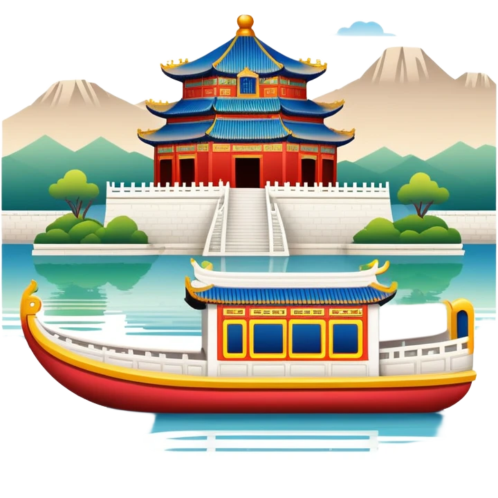 Summer Palace Beijing with marble boat, simplified emoji style with bold outlines and bright colors, cartoon style traditional Chinese palace on lake emoji