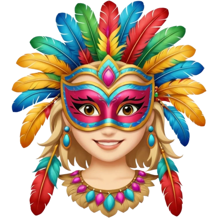 A girl wearing a decorated festival mask with bright feathers, smiling softly beneath it. emoji