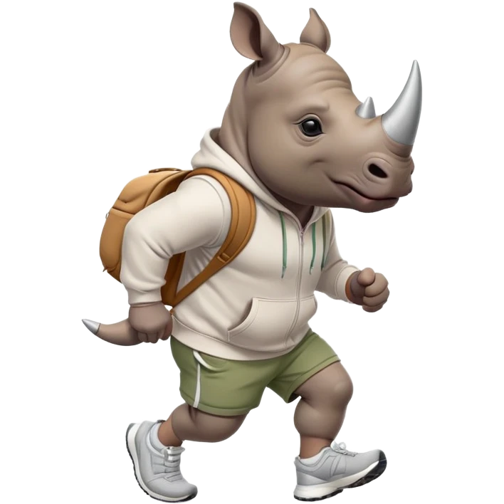 friendly anthropomorphised rhino jogging upright, wearing a hoodie and shorts, dark sunglasses, relaxed pose emoji