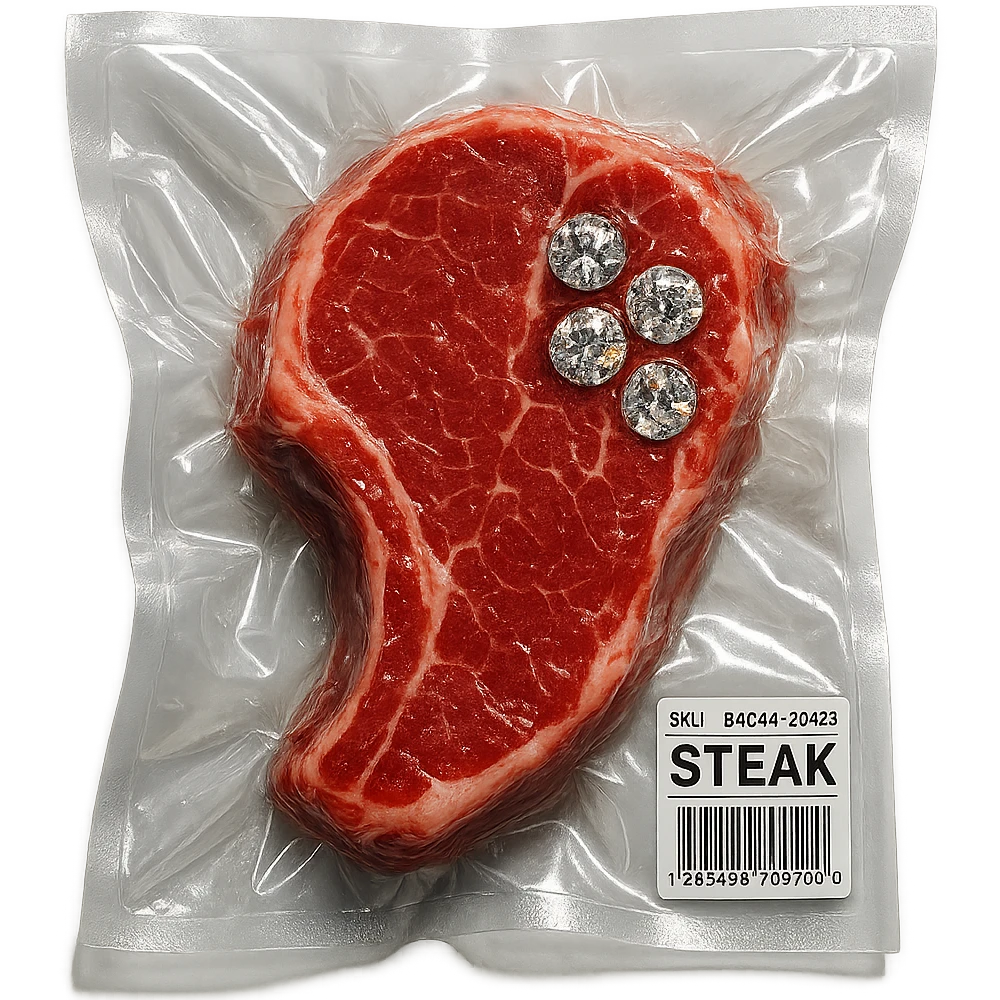 juicy steak with diamonds on top, shiny and inflated, vacuum-sealed style emoji