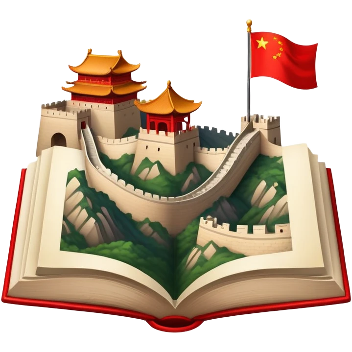 An icon featuring the Great Wall of China and the flag of China, symbolizing the Chinese language. The design includes an open book with Chinese characters and a red lantern, representing language learning and rich cultural tradition. Transparent background highlights the depth of Chinese heritage. emoji