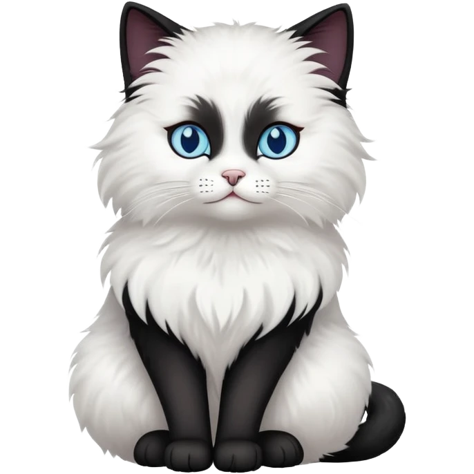 black cat with blue eyes, fluffy, white chest and white face emoji