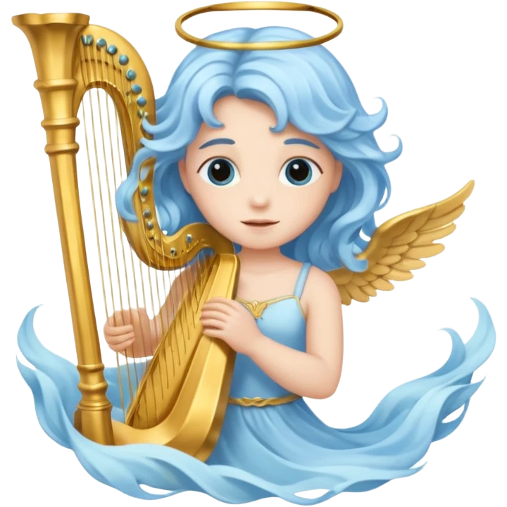 A serene angel with pastel-blue waves of hair, carrying a golden harp.








 emoji
