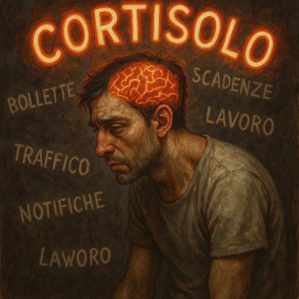 symbolic surrealism, semi-realistic; man in his thirties, tired eyes, tense muscles, curved posture, surrounded by glowing symbols 'Cortisolo' in Italian, orange-red aura; chaotic background with Italian words: 'bollette', 'scadenze', 'lavoro', 'traffico', 'notifiche'; visible brain with red-orange neural activity, moody lighting, detailed face emoji