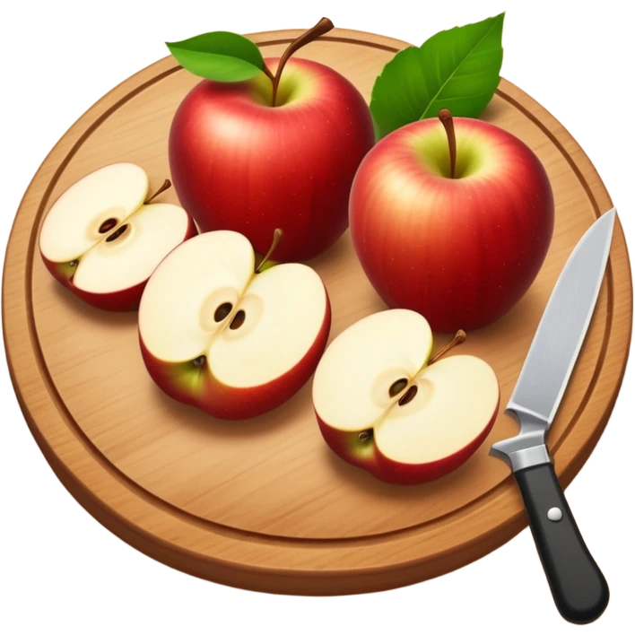 A round wooden board with a whole apple and several slices on it and knife with leaves emoji