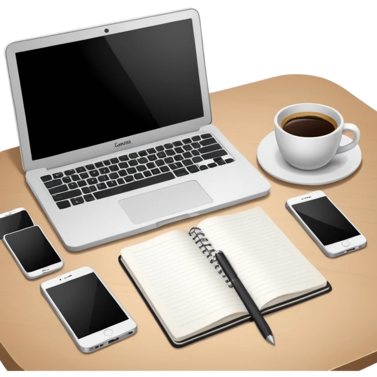 Laptop on the table, coffee and notebook emoji