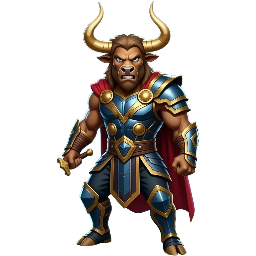 Thorapi, the mythical bull warrior, golden horns, standing arrogantly, cutting glowing chains between objects, fierce expression, thunder atmosphere, dark field background. emoji