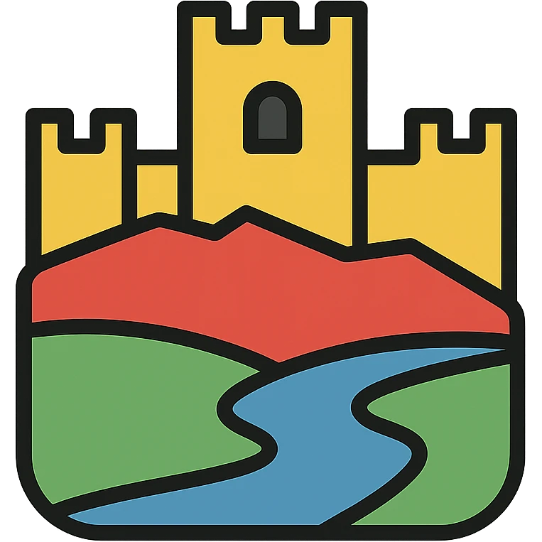 color outline icon of Mértola with castle silhouette and river emoji