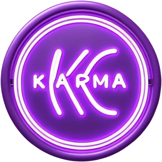 Violet neon sign with the word karma emoji