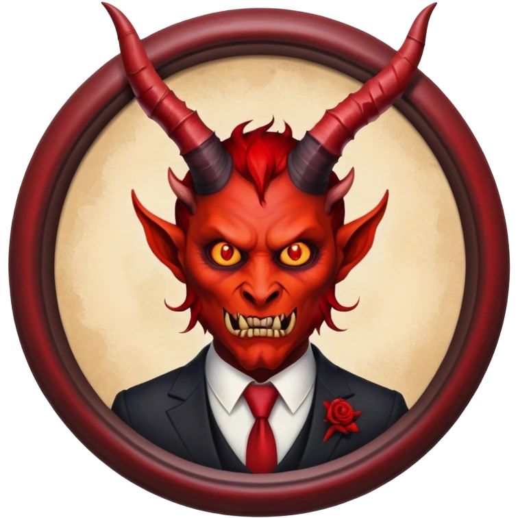 round oil painting in frame, portrait of a demon in a suit emoji