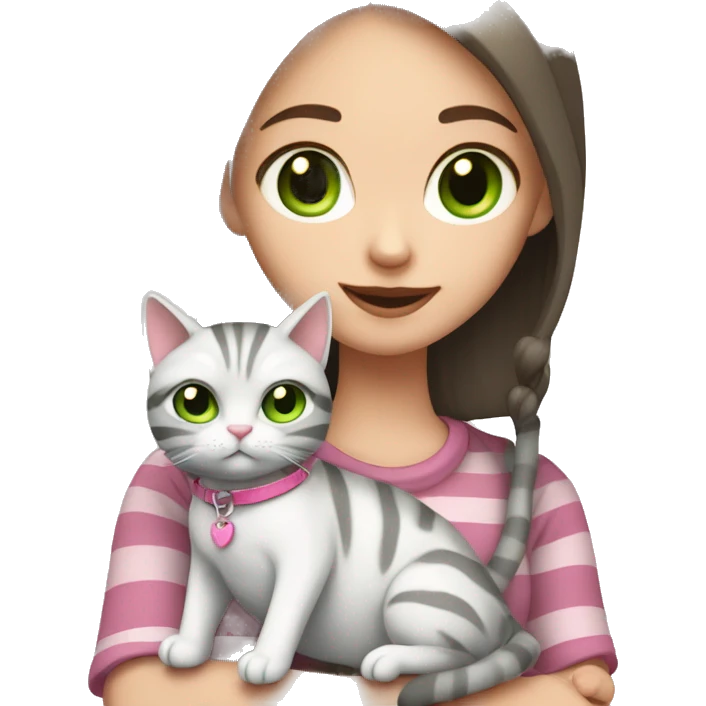 White skinned girl with green eyes and brown hair holding her grey stripy cat with a pink collar emoji