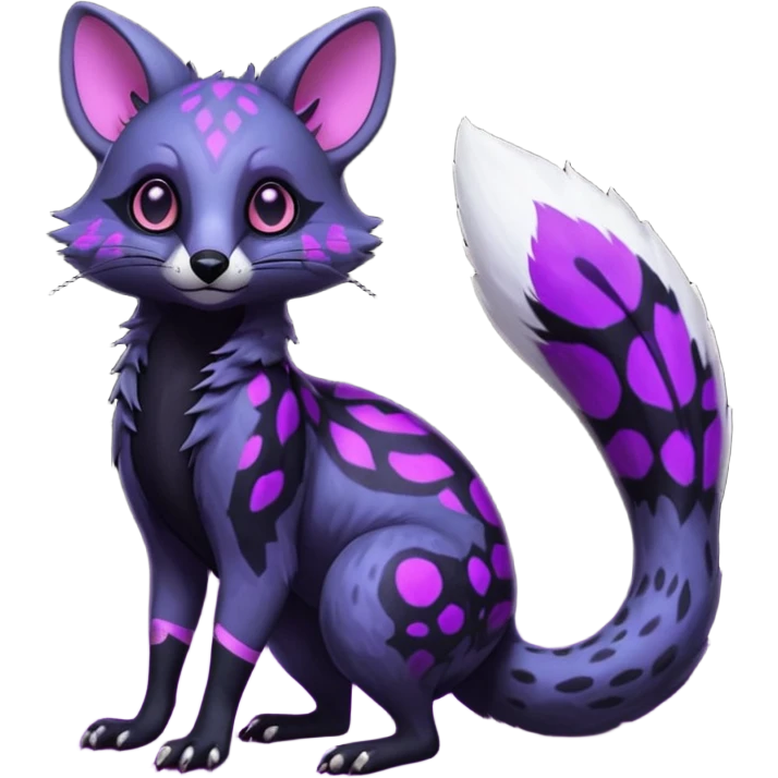 Obsidian-onyx-pitch-black fur base coat with glowing-neon-purple markings and patterns, shiny blind eyes, magical fantasy-Genet-Sentret-Marsupial-Possum-Vernid-Sergal-Fakémon-hybrid, by LiLaiRa-griffsnuff, full body emoji