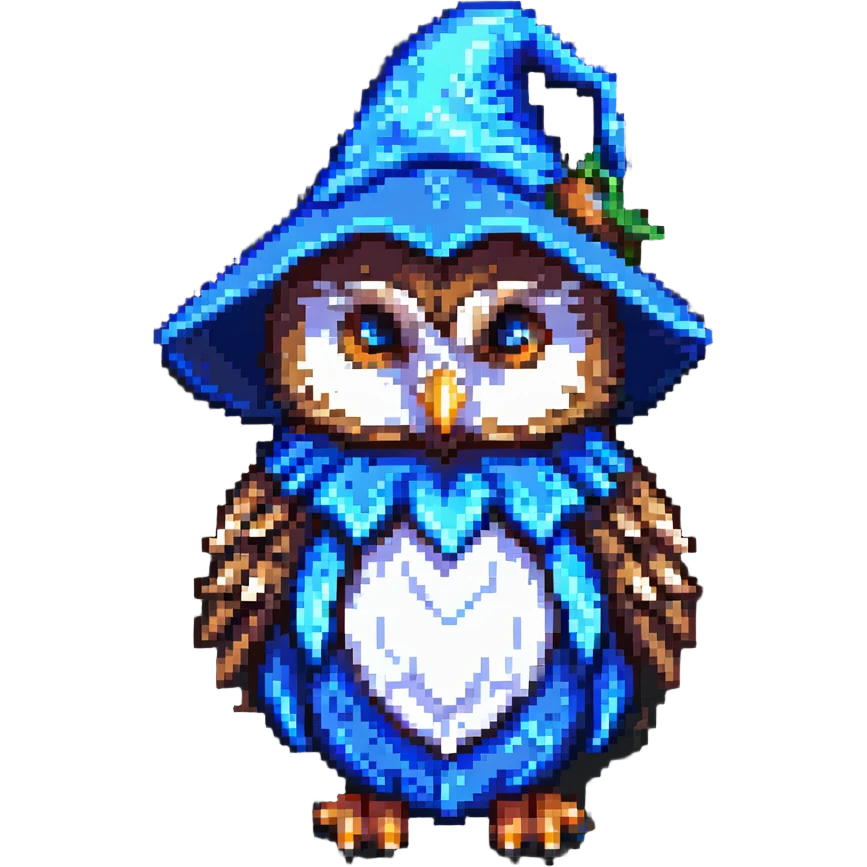 owl wearing a blue wizard hat pixel art emoji