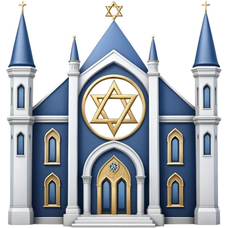 reform jewish synagogue similar in architecture to historical religious architecture in europe. the building should be white with silver/golden features, gothic architectural elements and star of david. no crosses. the emoji should be in ios emoji style. emoji