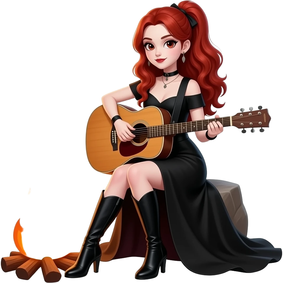 Vampiro femmina ADOLESCENTE con pelle bianca e capelli rosso ondulati lunghi raccolti in una mezza coda che indossa un vestito  lungo fino ai piedi nero e stivali lunghi con tacco neri che sta suonando una chitarra di legno seduta davanti a una falò con le sue 4 amiche FEMMINE VAMPIRO emoji