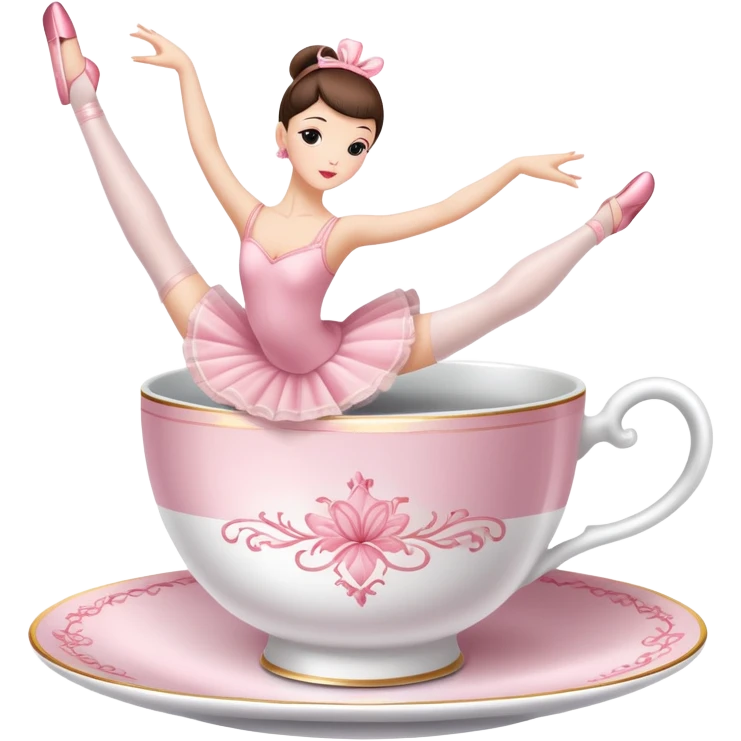 Elegant china tea cup with saucer wearing pink ballet slippers and performing an arabesque emoji